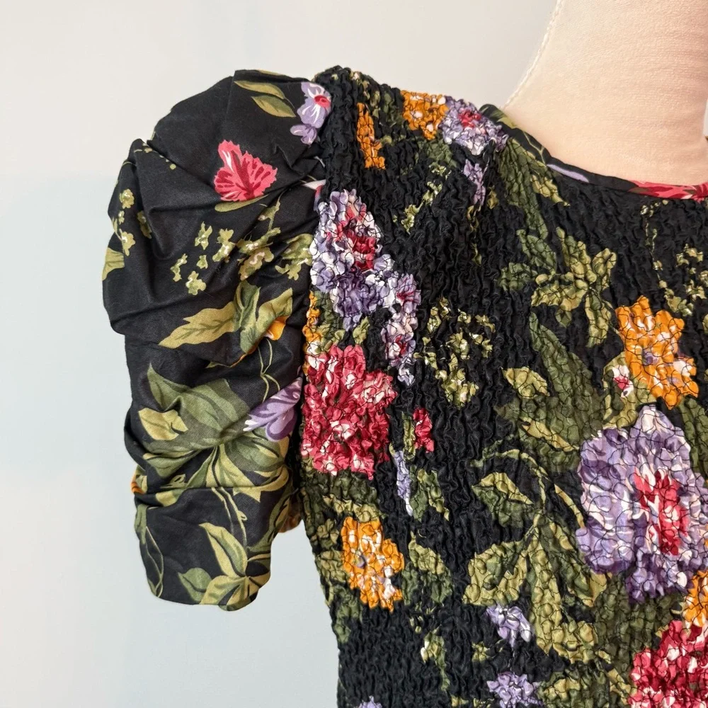 🌸🌼Phoebe Petite Black Floral Smocked Dress Drop Waist Bow Puff Sleeve Romantic - Picture 3 of 14